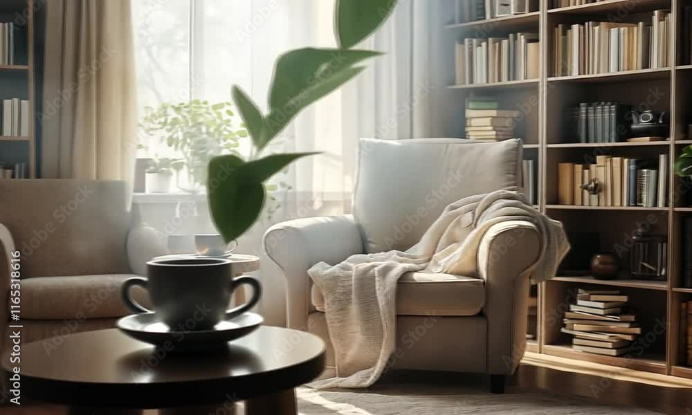 A cozy reading nook with a chair, blanket, and bookshelves, inviting relaxation and warmth. A cozy reading nook with a chair, blanket, and bookshelves, inviting relaxation and warmth.