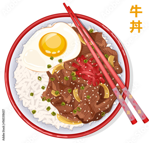 Japanese Beef Bowl Top View With Chopsticks. Rice Topped with Beef, Onions, Beni Shoga, Egg, Sesame & Scallions. Traditional Gyudon Detailed Illustration