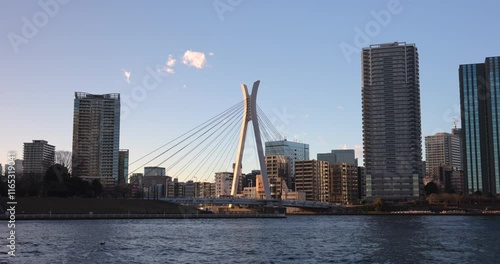 ビルと橋が見える水辺の都市の風景。