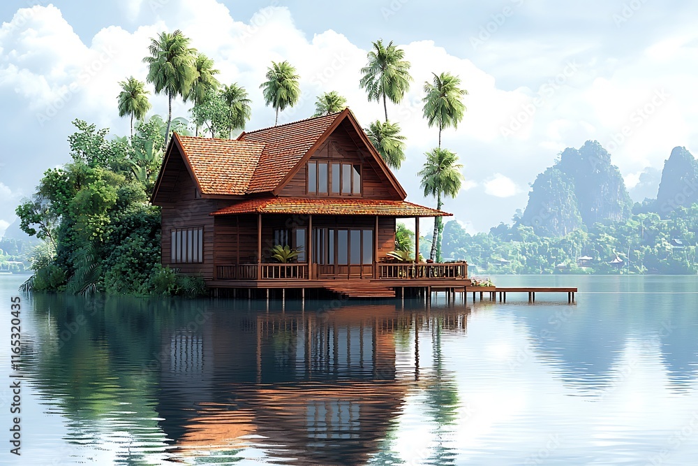 Obraz premium Tranquil Wooden House on a Tropical Lake with Palm Trees and Mountains in the Background.