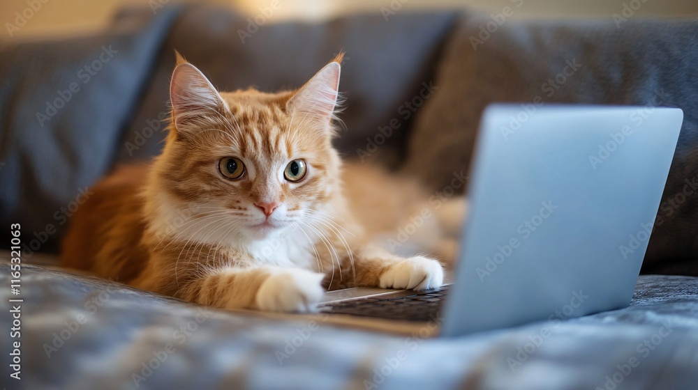 Ginger cat using laptop computer on sofa Ginger cat using laptop computer on sofa