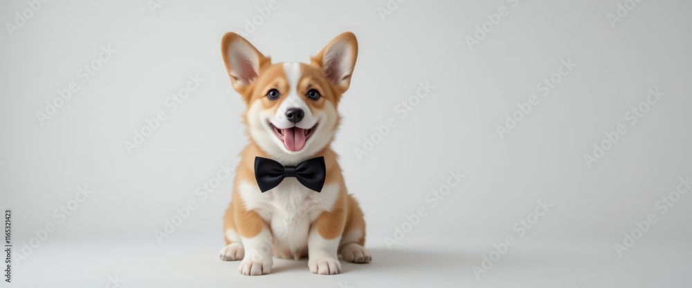 Corgi puppy wearing a black bow tie on a light neutral background. Banner. Space for text Corgi puppy wearing a black bow tie on a light neutral background. Banner. Space for text