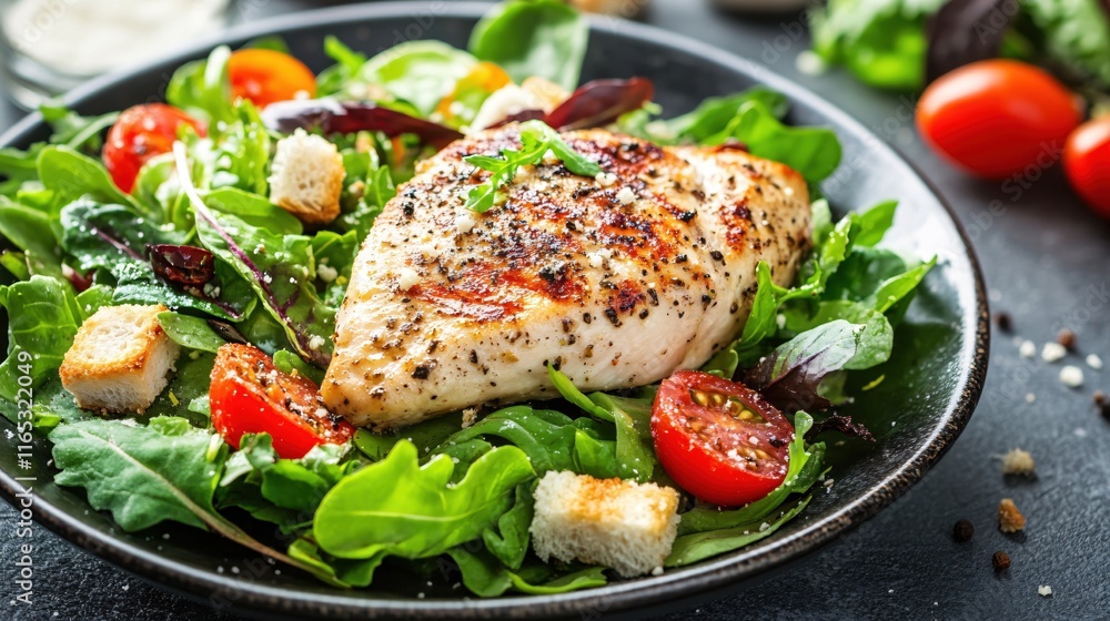 Grilled Chicken Breast on Fresh Salad with Tomatoes and Croutons Garnish Grilled Chicken Breast on Fresh Salad with Tomatoes and Croutons Garnish