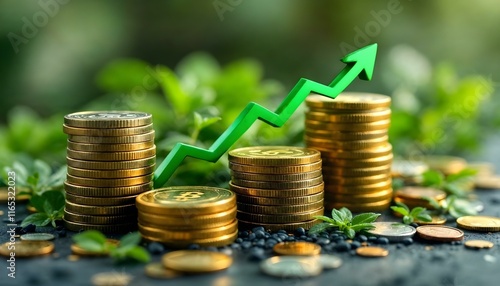 Growing money, finance and investment. Coins stack the growth comparative year 2024 to 2025 with a green success graph in 2025. business growth, profit, development and investment growth of a new year photo