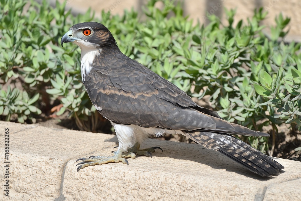 Fototapeta premium Dark-grey hawk perched on light stone, near green bushes.
