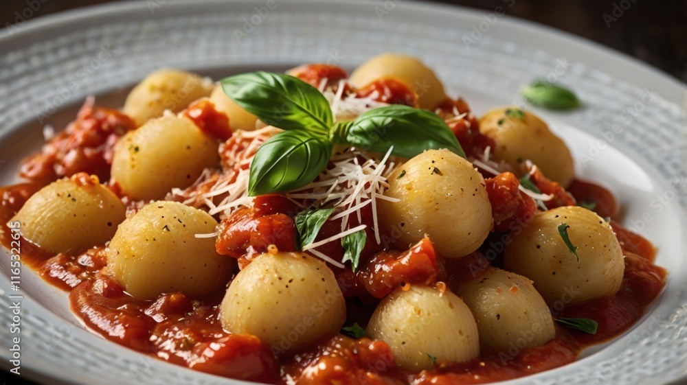 A close-up view of freshly made gnocchi topped with marinara sauce, grated Parmesan, and fresh basil, served on a white plate. A close-up view of freshly made gnocchi topped with marinara sauce, grated Parmesan, and fresh basil, served on a white plate.