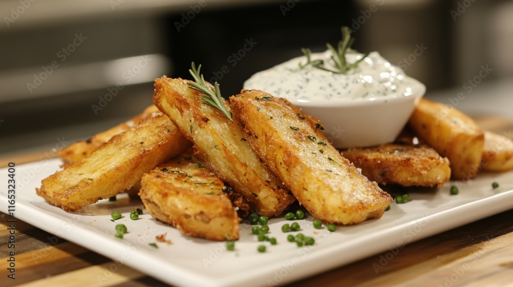 Crispy Golden Potato Wedges with Herb Dip Garnished with Fresh Rosemary Sprigs Crispy Golden Potato Wedges with Herb Dip Garnished with Fresh Rosemary Sprigs