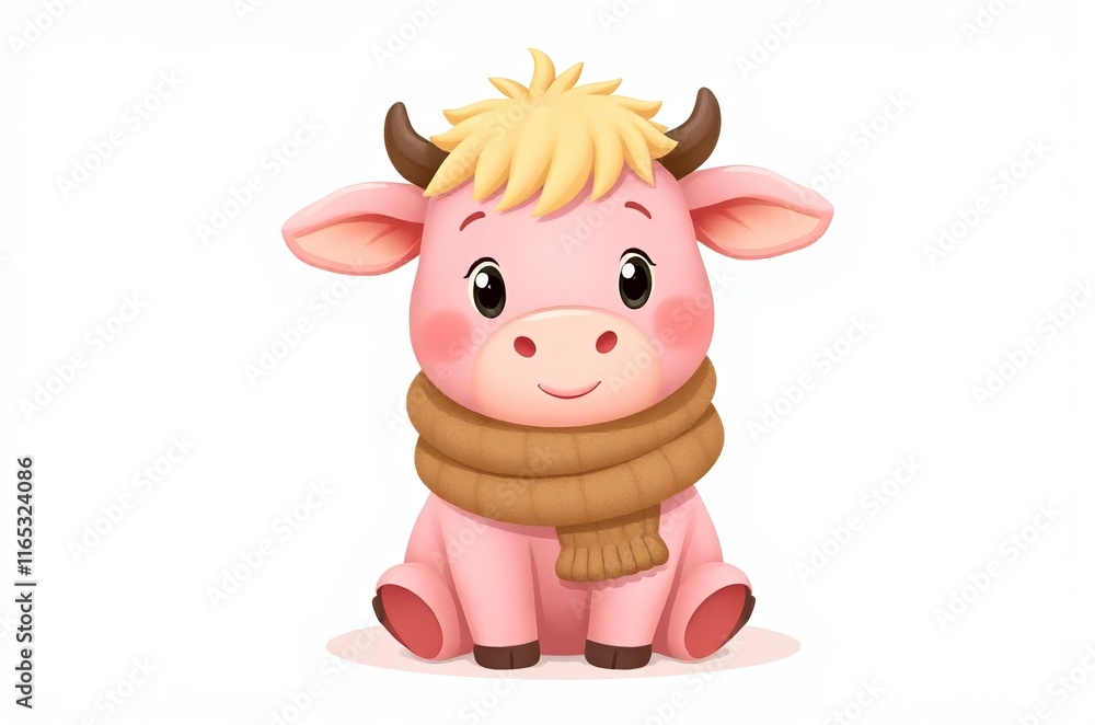 Obraz premium cartoon cow with a scarf sitting on the ground