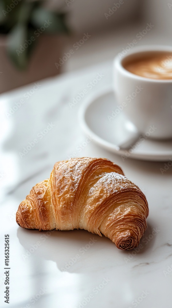 Golden Croissant and Coffee on Marble Table: A Perfect Morning Treat Golden Croissant and Coffee on Marble Table: A Perfect Morning Treat