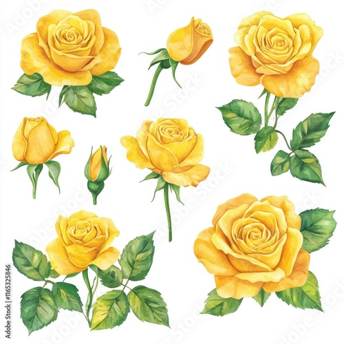 Set of yellow rose illustrations with leaves.