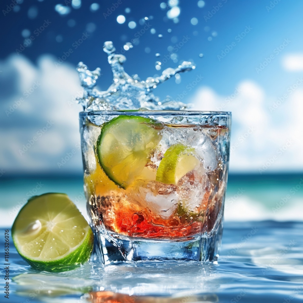 Refreshing Cocktail with Lime Splashing in a Cool Summer Setting by the Ocean Refreshing Cocktail with Lime Splashing in a Cool Summer Setting by the Ocean