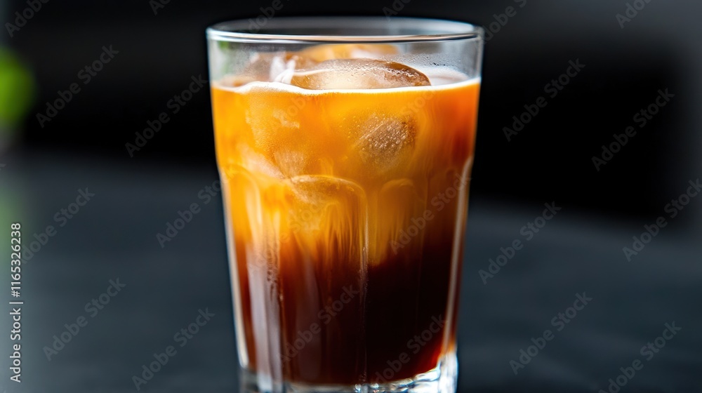 A glass of iced coffee with ice cubes and a rich color gradient. A glass of iced coffee with ice cubes and a rich color gradient.