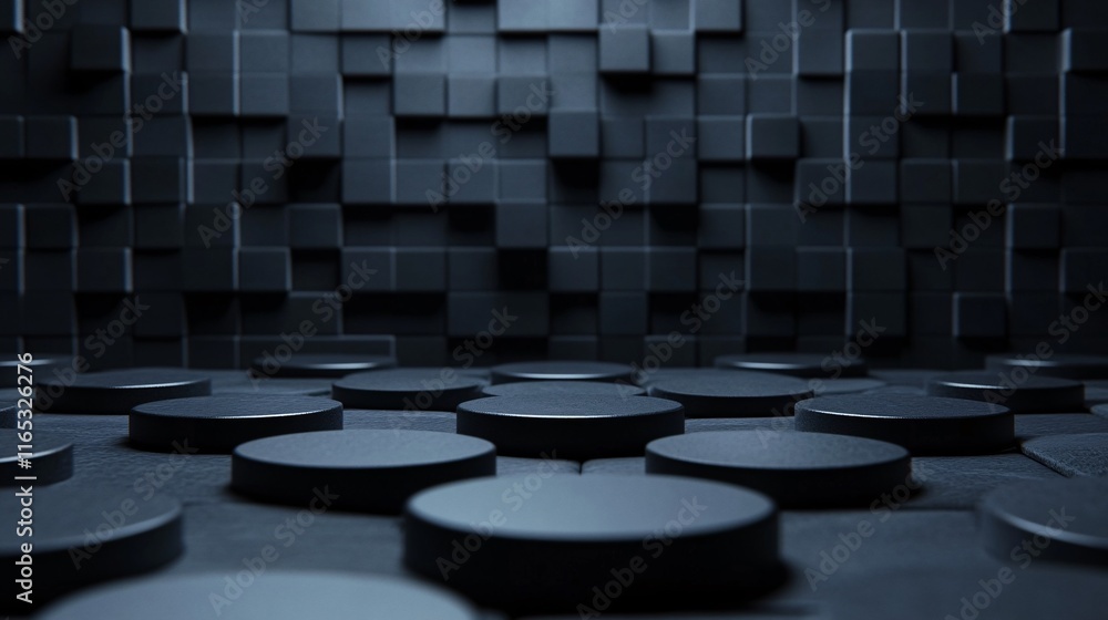 Black minimalist round podiums in front of abstract wall forming modern showcase Black minimalist round podiums in front of abstract wall forming modern showcase