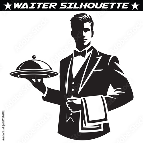 Waiter holding tray icon. Restaurant waiter, waitress, silhouette icon symbol in line and flat style.