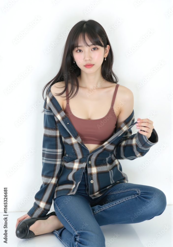 Korean woman in cozy casual wear, alluring pose, bright white background Korean woman in cozy casual wear, alluring pose, bright white background