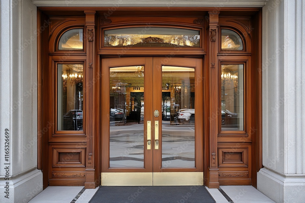 Elegant double mahogany wood doors with glass panels and brass hardware in a grand building entrance. Elegant double mahogany wood doors with glass panels and brass hardware in a grand building entrance.
