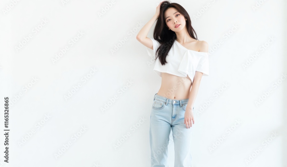 Chic Korean woman in a seductive pose, casual outfit, detailed white backdrop Chic Korean woman in a seductive pose, casual outfit, detailed white backdrop