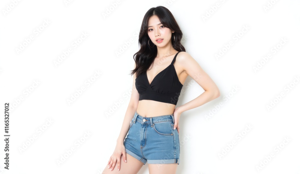Modern Korean woman, seductive stance, casual outfit, clean white background Modern Korean woman, seductive stance, casual outfit, clean white background
