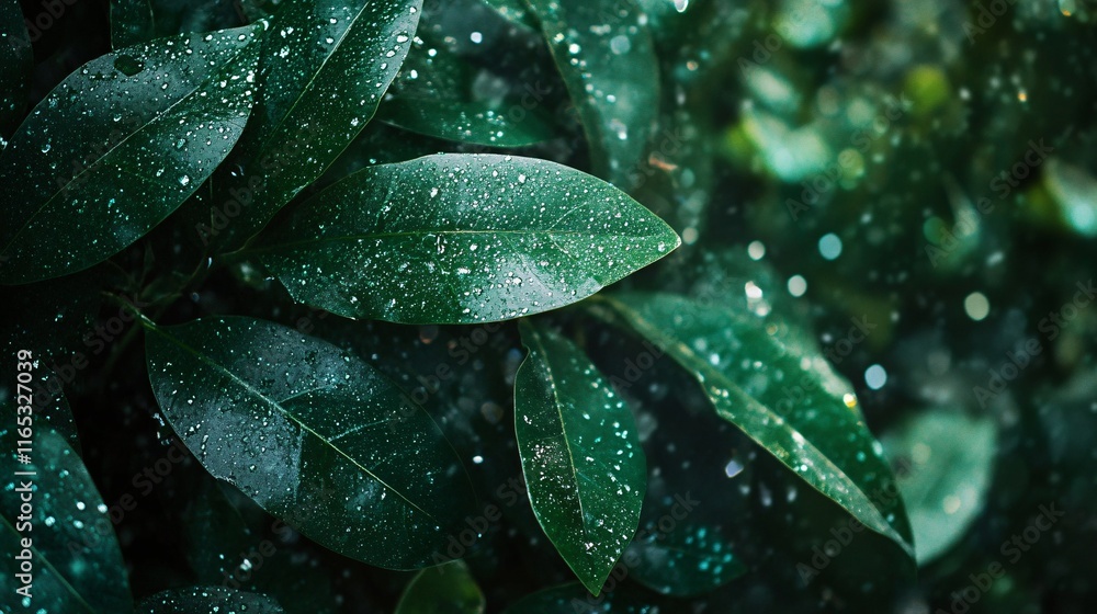Fototapeta premium Rain is gently falling on vibrant green leaves in the forest