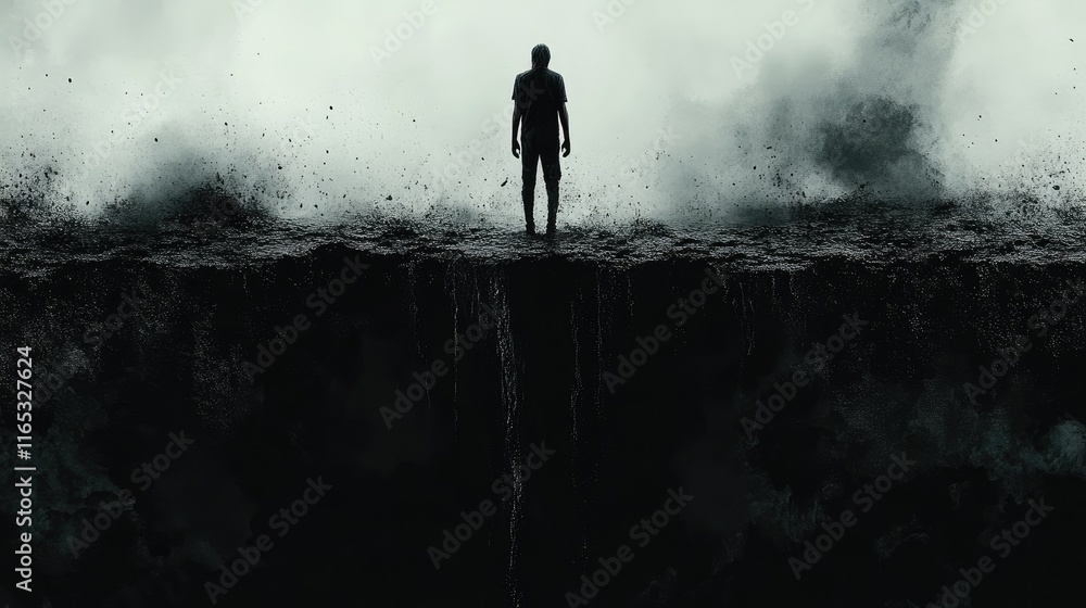 Obraz premium Silhouette of a man standing on a cliff edge, facing a dark, stormy abyss.