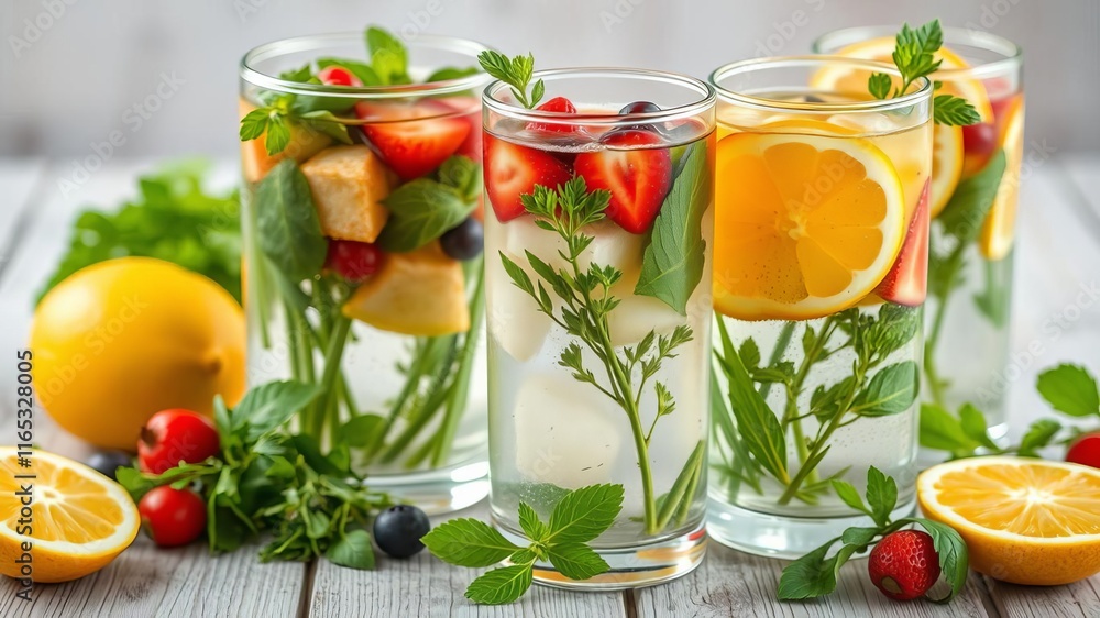A flat lay photo of a wooden table with assorted fresh fruits and herbs, ready to be infused in a pitcher of water, fruits, wellness A flat lay photo of a wooden table with assorted fresh fruits and herbs, ready to be infused in a pitcher of water, fruits, wellness