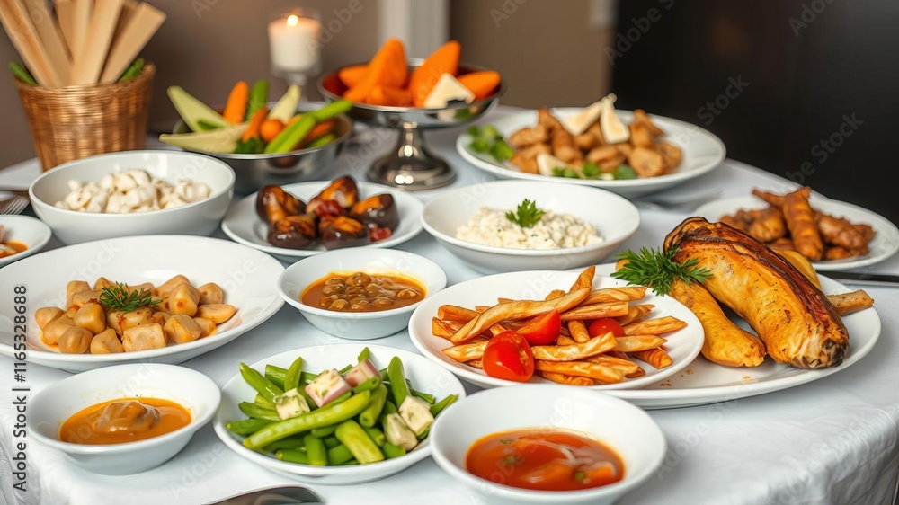 A diverse array of delicious dishes set up on a round dining table for a mealtime gathering, gourmet, arrangement A diverse array of delicious dishes set up on a round dining table for a mealtime gathering, gourmet, arrangement