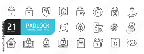 Set of line icons related to padlock, security, lock, key, protection. Outline icons collection. Editable stroke. Vector illustration.