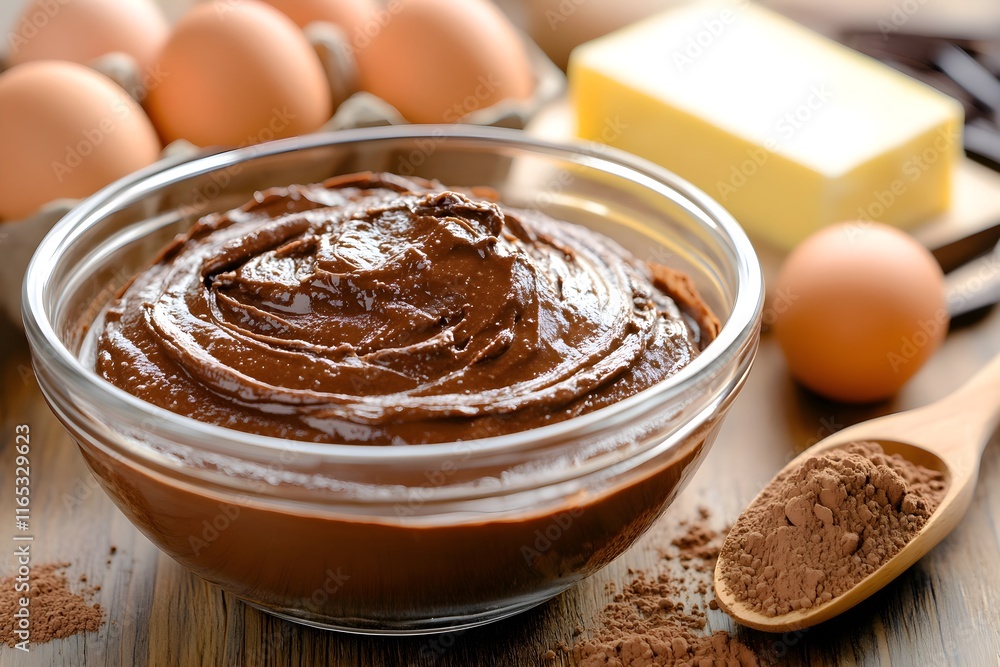 Close-up of a glass bowl with chocolate cake batter, surrounded by sugar, eggs, flour, and cocoa on a wooden counter in warm light Close-up of a glass bowl with chocolate cake batter, surrounded by sugar, eggs, flour, and cocoa on a wooden counter in warm light