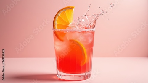Wallpaper Mural A vibrant red cocktail sits elegantly on a crisp white surface, garnished with a juicy orange slice and surrounded by a warm, blush-pink glow Torontodigital.ca