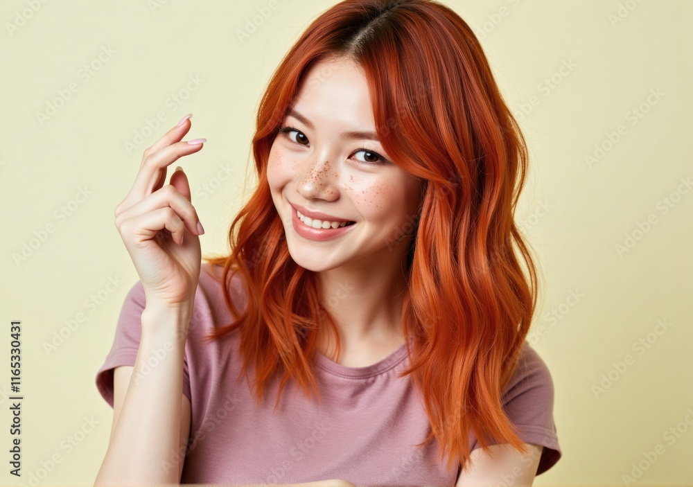 Happy young woman in a stylish t-shirt, wavy red hair cascading over her shoulders, pastel background, joyful expression Happy young woman in a stylish t-shirt, wavy red hair cascading over her shoulders, pastel background, joyful expression