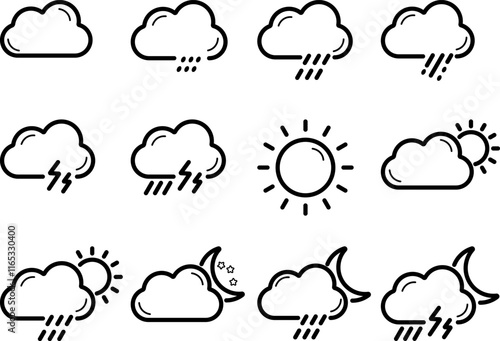 Weather line icons set. Sun, rain, thunder storm, wind,,night sky minimal vector illustrations. Simple flat outline signs for web, forecast app.