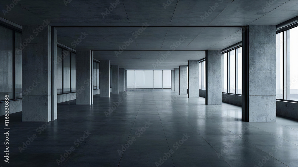 a large empty room with large windows
a large empty room with large windows