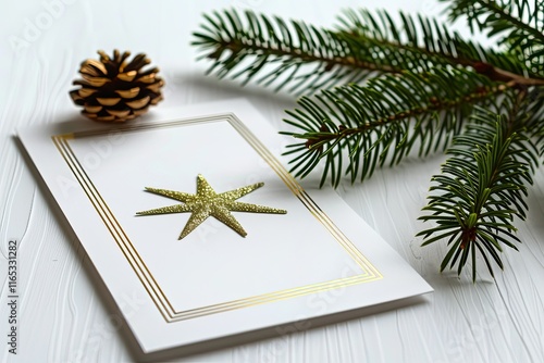 Simple, elegant Christmas card with a gold star and a minimalist border  photo