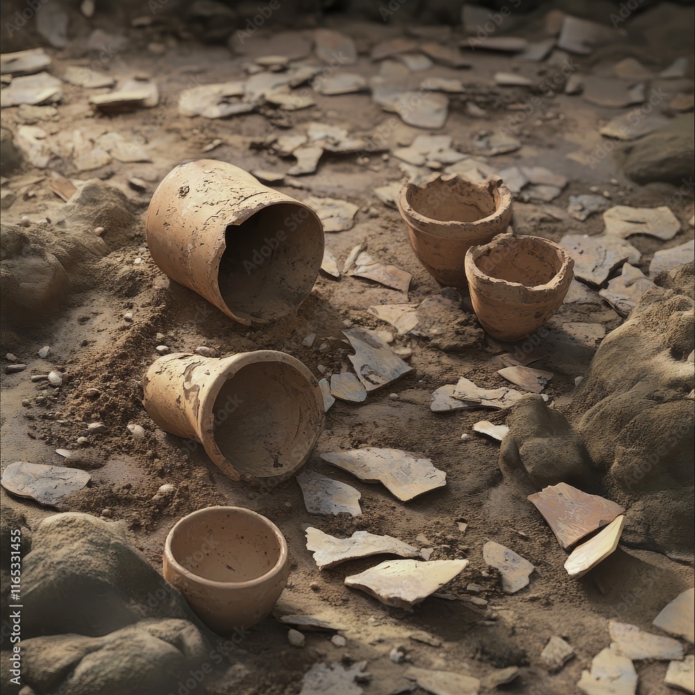 Ancient Pottery Fragments on Unearthed Soil Surfaces Ancient Pottery Fragments on Unearthed Soil Surfaces
