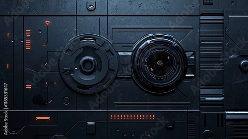 Fototapeta Naklejka Na Ścianę i Meble -  Futuristic metallic panel showing rotating mechanisms and orange lights