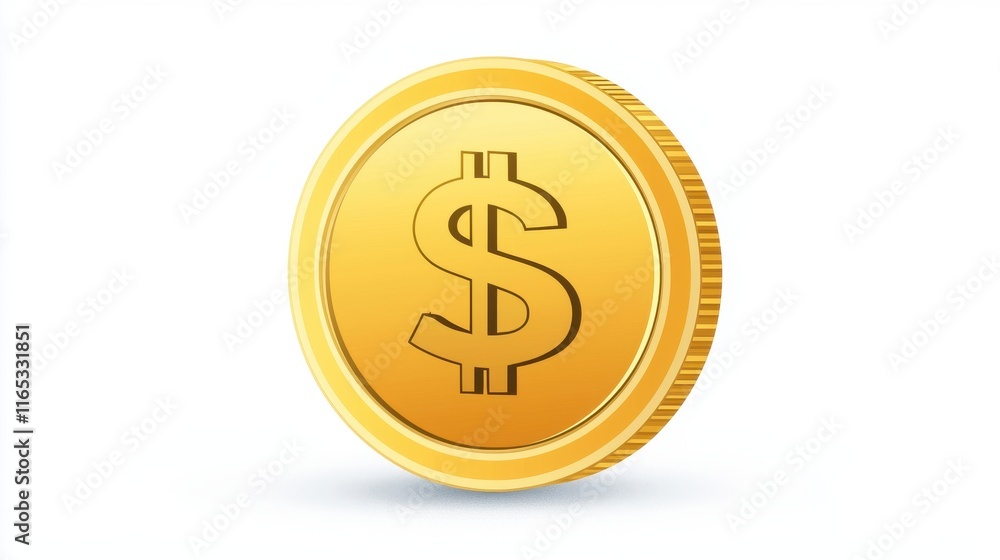 Golden Dollar Coin with Symbol on a White Background, Representing Wealth, Currency, and Financial Success in a Modern Digital Economy Golden Dollar Coin with Symbol on a White Background, Representing Wealth, Currency, and Financial Success in a Modern Digital Economy