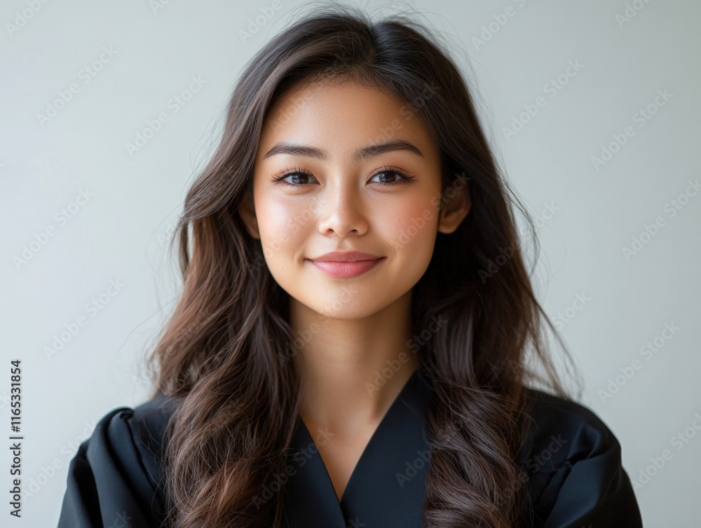 Portrait of a young Asian woman with long brown hair, smiling gently against a light grey background. Portrait of a young Asian woman with long brown hair, smiling gently against a light grey background.