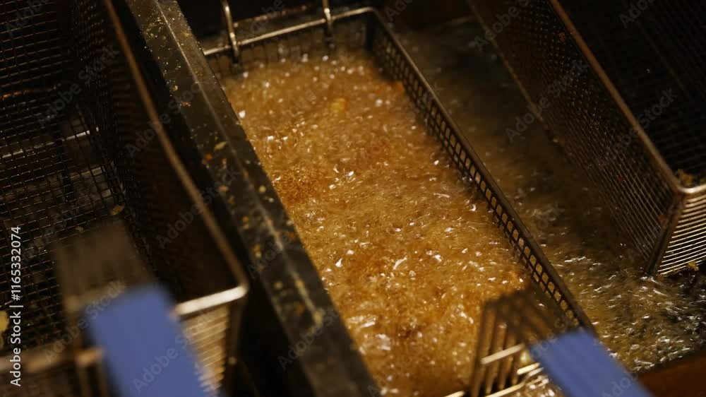 Fast Food Restaurant Deep Frying French Fries in Boiling Oil