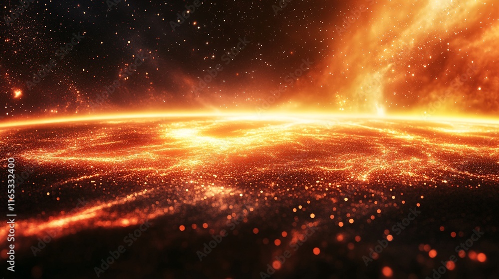 Burning planet surface with outer space galaxy and stars in background Burning planet surface with outer space galaxy and stars in background