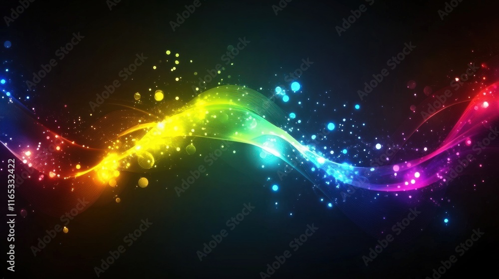 Fototapeta premium Vibrant rainbow wave with sparkling particles on dark background.