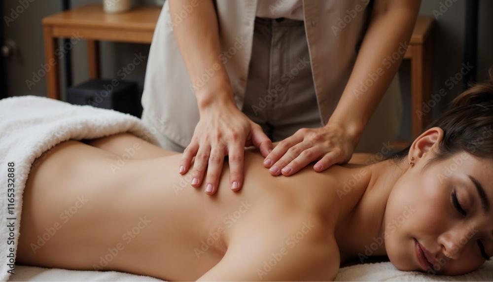 Fototapeta premium Woman receiving relaxing back massage at luxury spa. Ideal for wellness centers, therapeutic services, massage therapy and stress relief programs.