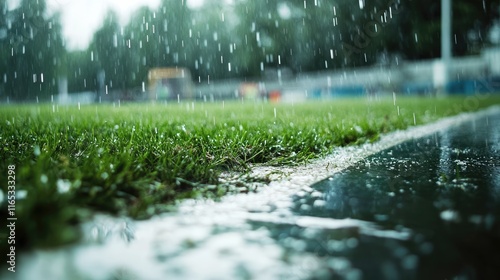 A waterlogged green grass pitch field, stopping the game being played photo