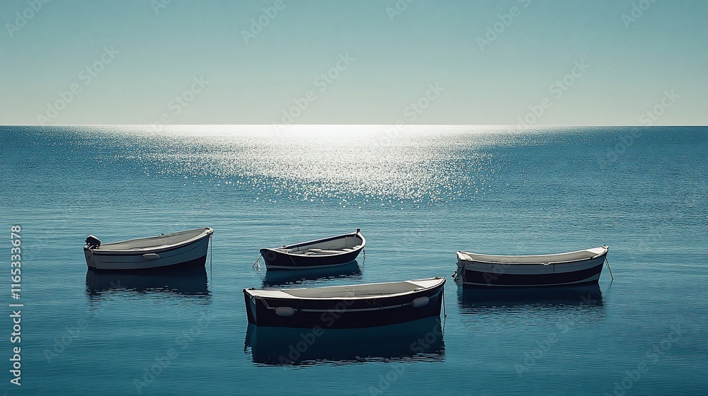 Four small boats gently bobbing on a calm, sunlit sea. Four small boats gently bobbing on a calm, sunlit sea.