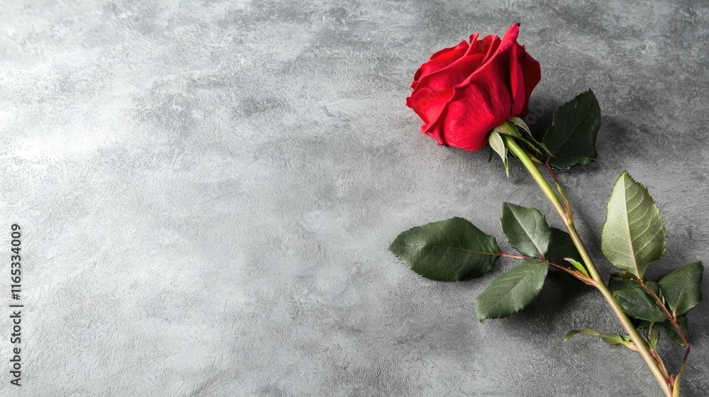 Elegant red rose on gray surface floral detail minimalist style natural light close-up perspective Elegant red rose on gray surface floral detail minimalist style natural light close-up perspective