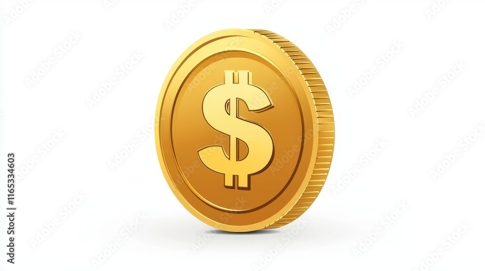 Golden Dollar Coin with Symbol on White Background Representing Wealth, Currency, Finance, and Economic Concepts in Modern Business Transactions and Investments Golden Dollar Coin with Symbol on White Background Representing Wealth, Currency, Finance, and Economic Concepts in Modern Business Transactions and Investments