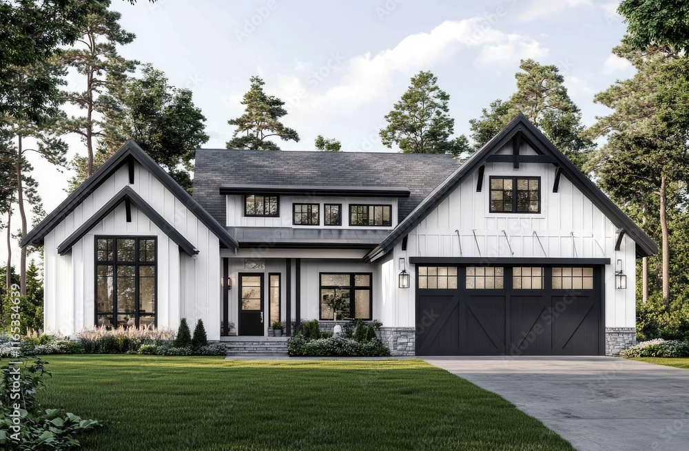 a modern farmhouse-style home in British Columbia, Canada, with white walls, a grey roof, and black trim accents a modern farmhouse-style home in British Columbia, Canada, with white walls, a grey roof, and black trim accents
