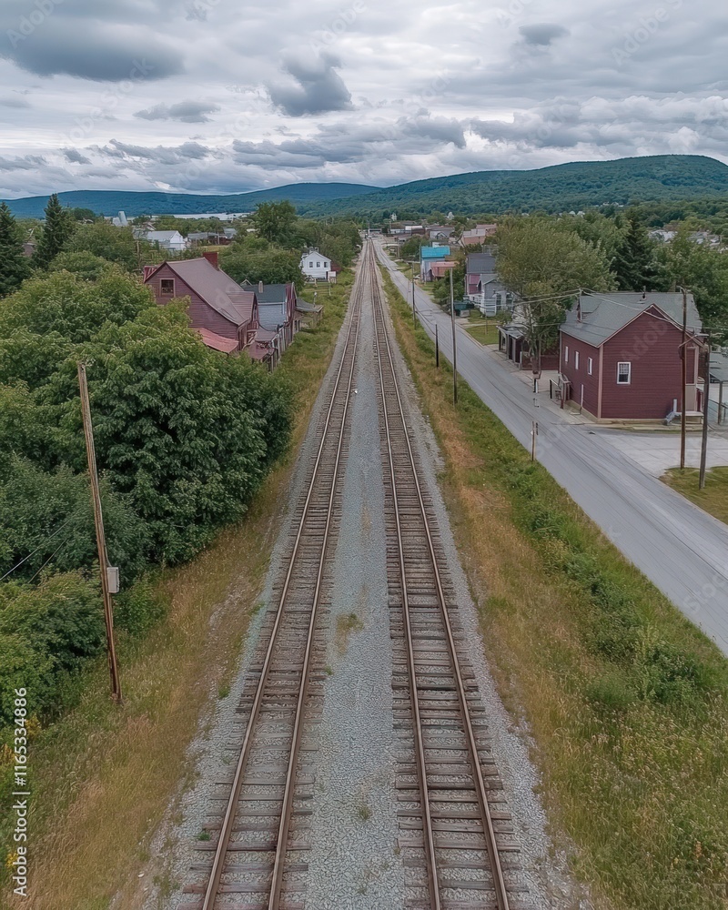 Aerial view of train tracks running through a small town, with mountains in distance. Aerial view of train tracks running through a small town, with mountains in distance.