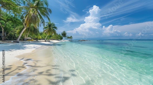 Fototapeta Naklejka Na Ścianę i Meble -  Waves crashing on the pristine white sand beach of Seychelles, turquoise waters under a bright sky, and lush tropical vegetation along the shoreline.