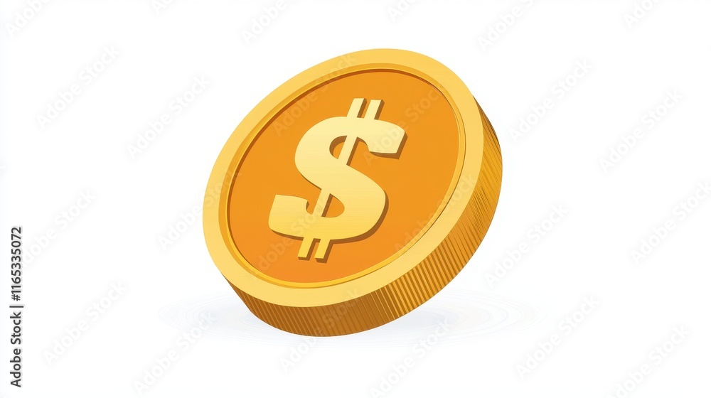 Realistic gold coin with a prominent dollar sign symbolizing wealth, finance, and prosperity against a clean white background ideal for financial or business themes. Realistic gold coin with a prominent dollar sign symbolizing wealth, finance, and prosperity against a clean white background ideal for financial or business themes.