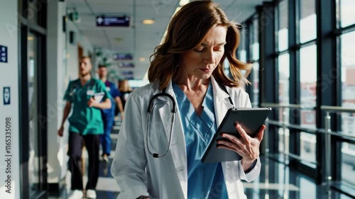 Medical professional reviewing patient records in a busy hospital corridor during a shift change